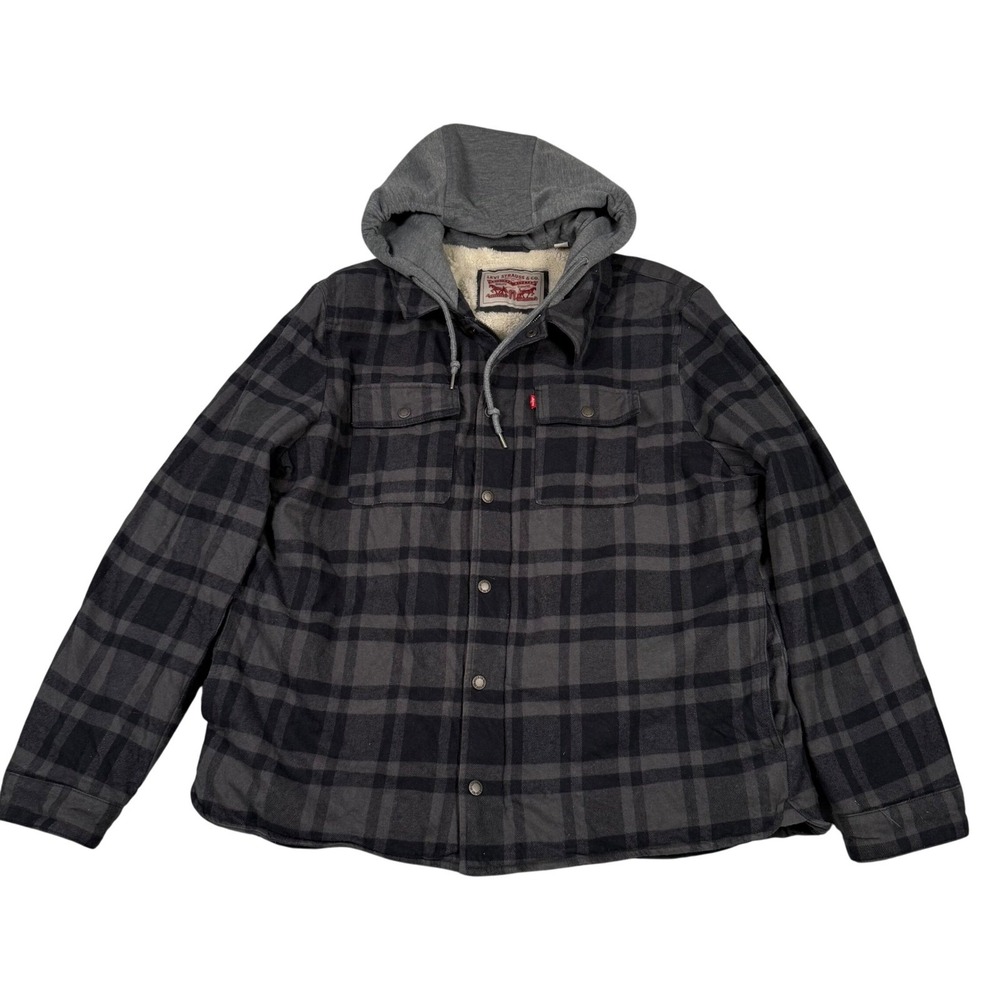 Levis Mens XL Hooded Flannel Sherpa Lined Plaid Jacket Charcoal Gorpcore Grunge